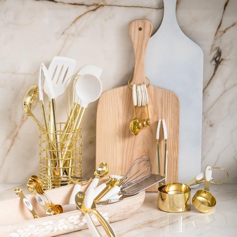 Kitchen with gold utensils